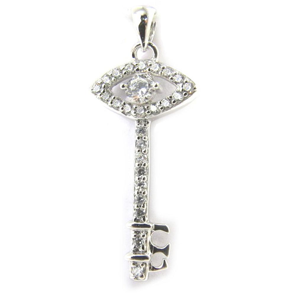 Les Trésors De Lily [M6196] - White 'Fatma Key' Silver Pendant - 28x11 Mm