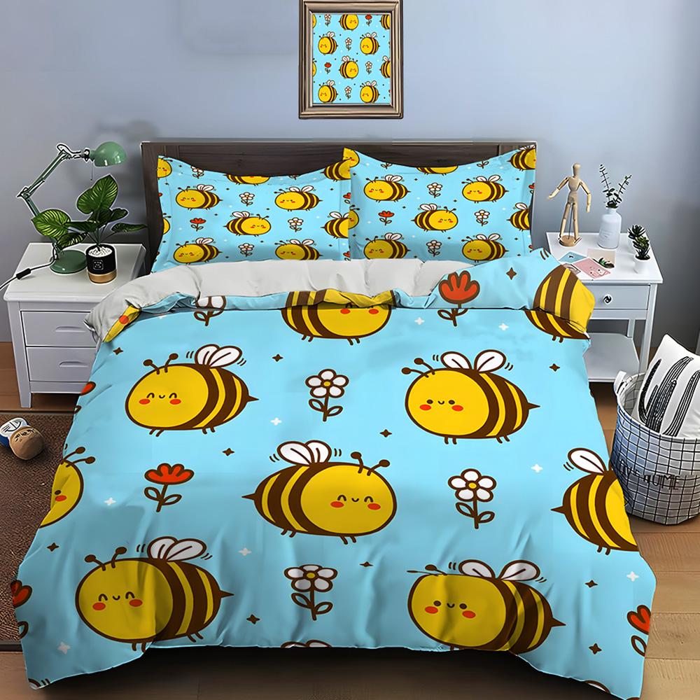 3Pcs Cute Bees And Flower Pattern Bedding Set 1 Duvet Cover 2 Pillowcases For Adult And Children Luxury Gift Full Size