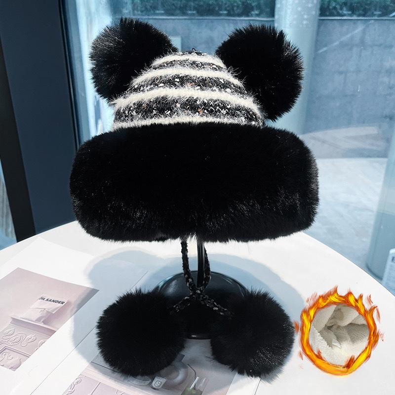 Cute Bear Wool Ball Plush Hat for Women In Autumn and Winter Thickened Warm Knitted Lei Feng Hat for Students Cold Protection Ear Protection Hat