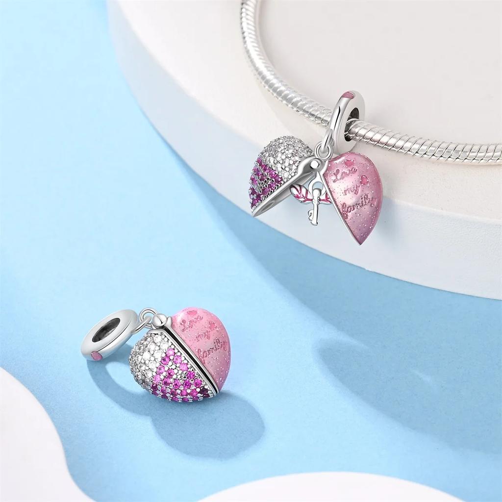 Silberrosa Serie Zirkonium Herzförmiger Perlenanhänger Süßes Paar Passend für Original Armband Für Frauen Charm Schmuck Geschenk