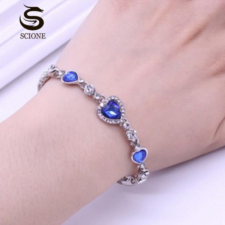 SCIONE Women Jewelry Fashion Ocean Blue Bangle Bracelet Rhinestone Love Heart Austrian Crystal