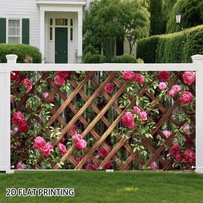 2D Flat Printing Flower Backdrop, Rose-Covered Wooden Lattice Fence Photography Background for Events