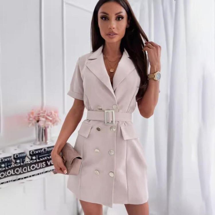 Women Summer Casual Short Sleeve A-Line Dress Solid Color Double Breasted Suit Collar Above Knee Belt High Waist Spring Dresses