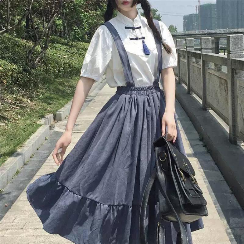 Girl Sweet Female Short-sleeved Shirt + Ruffled Back Strap Long Skirt Cute Two-piece Set