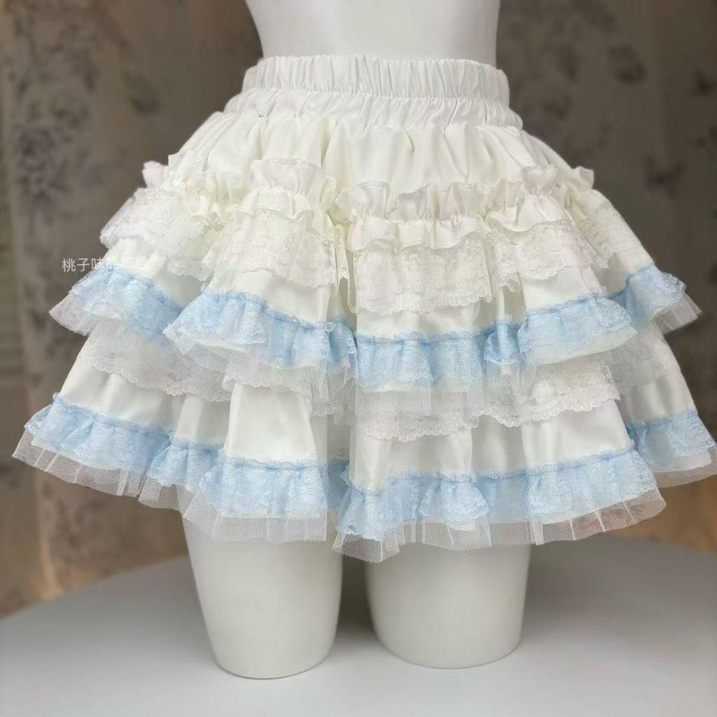 Japanese Style Sweet A Line Skirt Women Lolita Kawaii Cute Y2K High Waist Lace Ruffle Skirt Girl Simple Daily