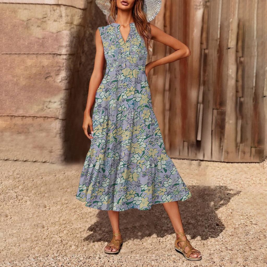 Women's Casual And Fashionable V-neck Sleeveless Printing Mid Length Dress