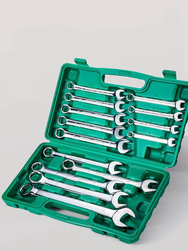 14PCS Combination Chrome Vanadium Steel Wrench Set Dual-Purpose Offset Spanner & Opening Wrench Set , Compact Storage Box