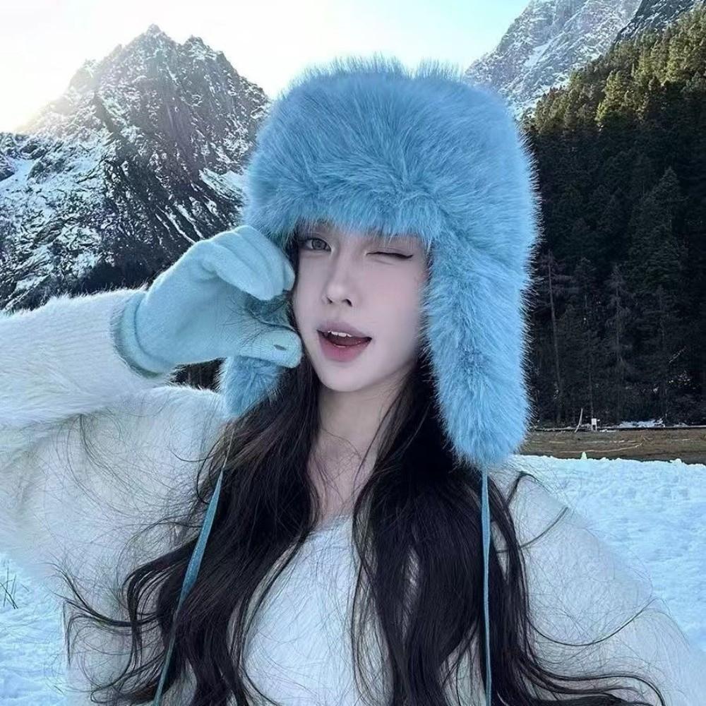 Warm Fluffy Bomber Hat Imitation Mink Fur Cold Weather Hat Fashion Winter Cycling Hat  for Women
