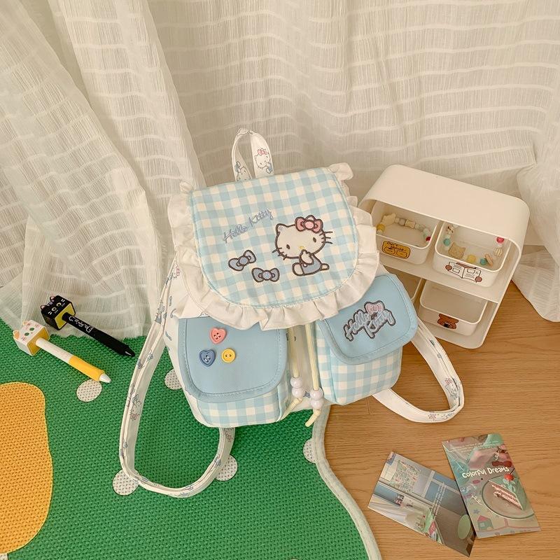 Schoolbag Cream Plaid Flip Backpack Girls Travel Bag Japanese Soft Girl Double Pocket Drawstring Mini Backpack