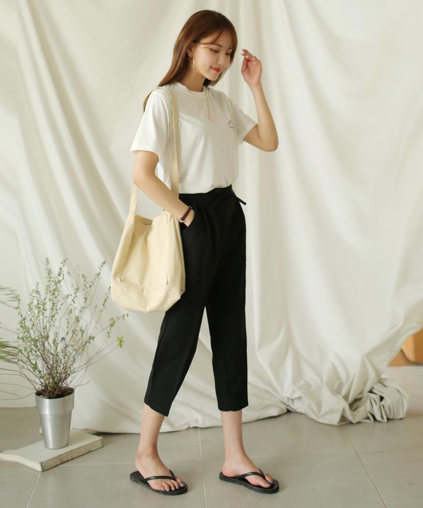 Ppaeppae Adjustable Drawstring Back Banded Pintuck Knee-Length Stretch Slacks