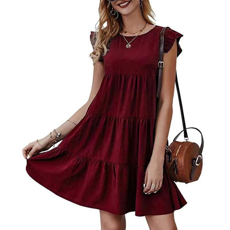 New Summer Solid Color Crew Neck Short Sleeve Dress Casual Ruffled High-Waisted Swing Dress