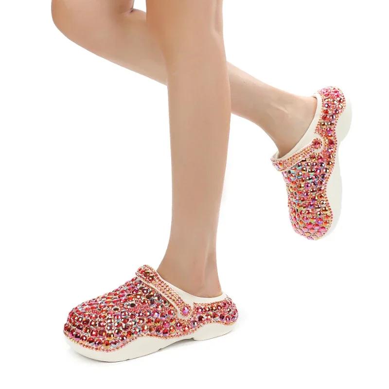 Fashion Luxury Colorful Rhinestone Design Brand Slippers Women High Quality EVA Thick Bottom Cave Shoes Fashion Comfortable Beach Sandal