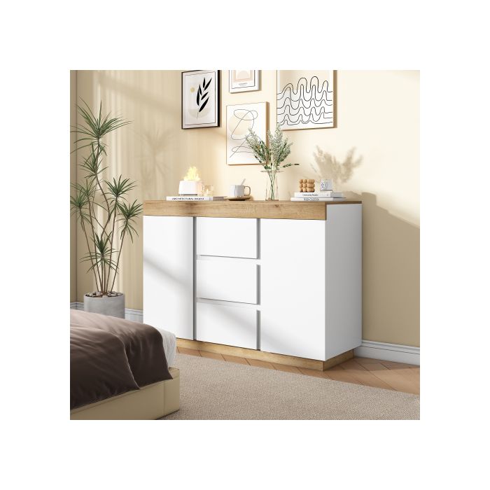 Commode À Trois Tiroirs Et Deux Portes, Meuble De Rangement, Panneau De Particules E1, Blanc + Chêne