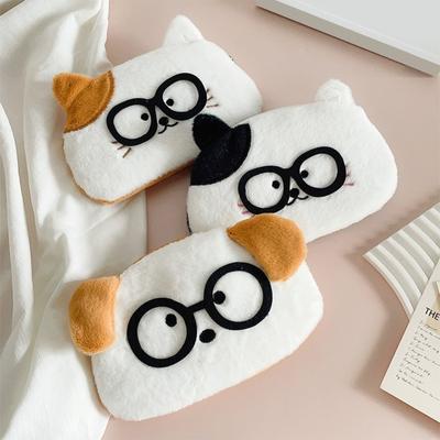 Cute Animal Pen Bag Kids Plush Cat Dog Pencil Pouch Stuffed Animal Wearing Glasses Zippered Stationery Bag for School Students Girls And Boys