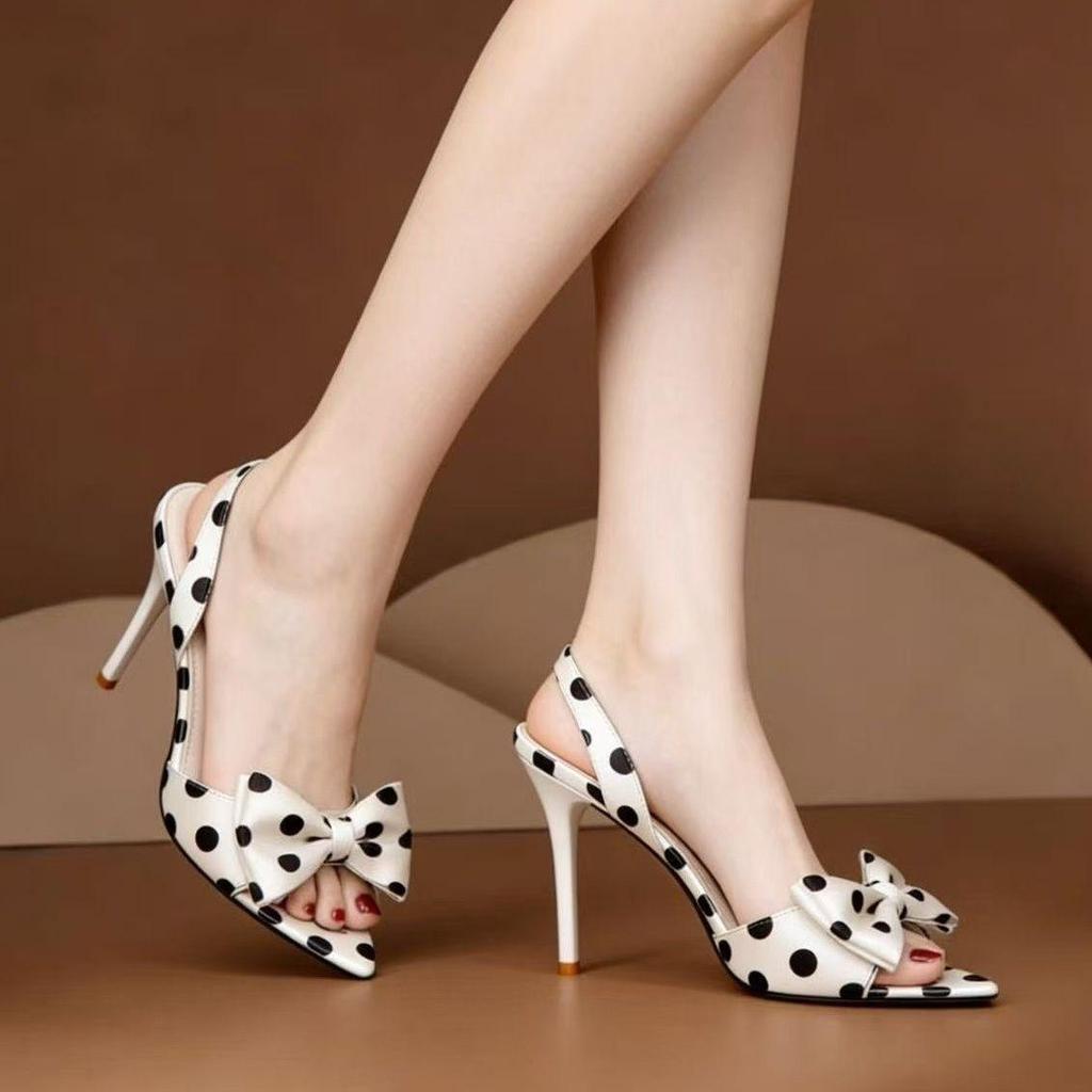 Ladies' Summer New Pointed Thin Heeled Sandals with Polka Dot Bow and An Empty Straight Strap for Outdoor Wear, Versatile High Heels for Commuting