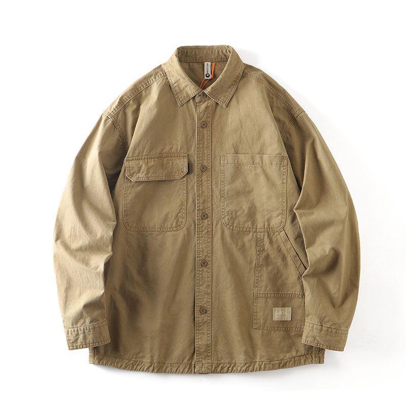 American Retro Amekaji Pure Cotton Thickened Workwear Shirt Men s Autumn and Winter Long Sleeves Shirt Export Cattle Goods Outwear Khaki 2XL