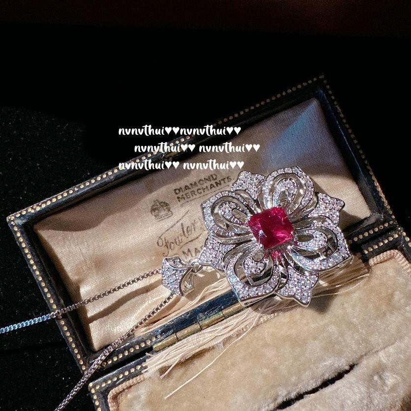 Papalacha Bouquet Gemstone Earrings, Duobao Thistle, 18K Gold Plated, Rouge Magenta Flower Zircon Ring