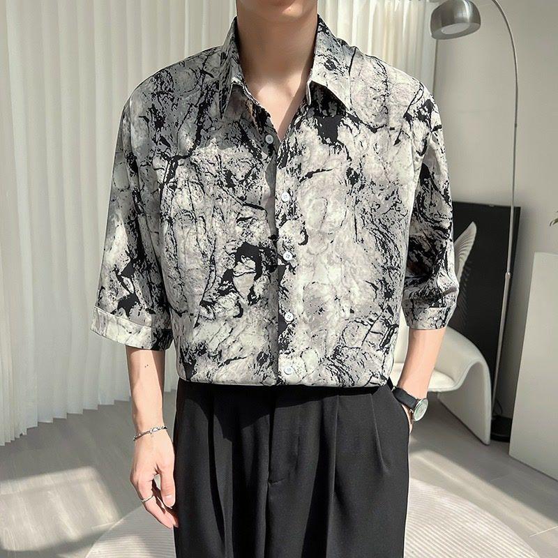 

Живопись тушью Винтажные рубашки с принтом Мужская одежда Рукав три четверти Летние Новые Модные Рубашки с отложным воротником Модные Однобортные рубашки XXXL чёрный