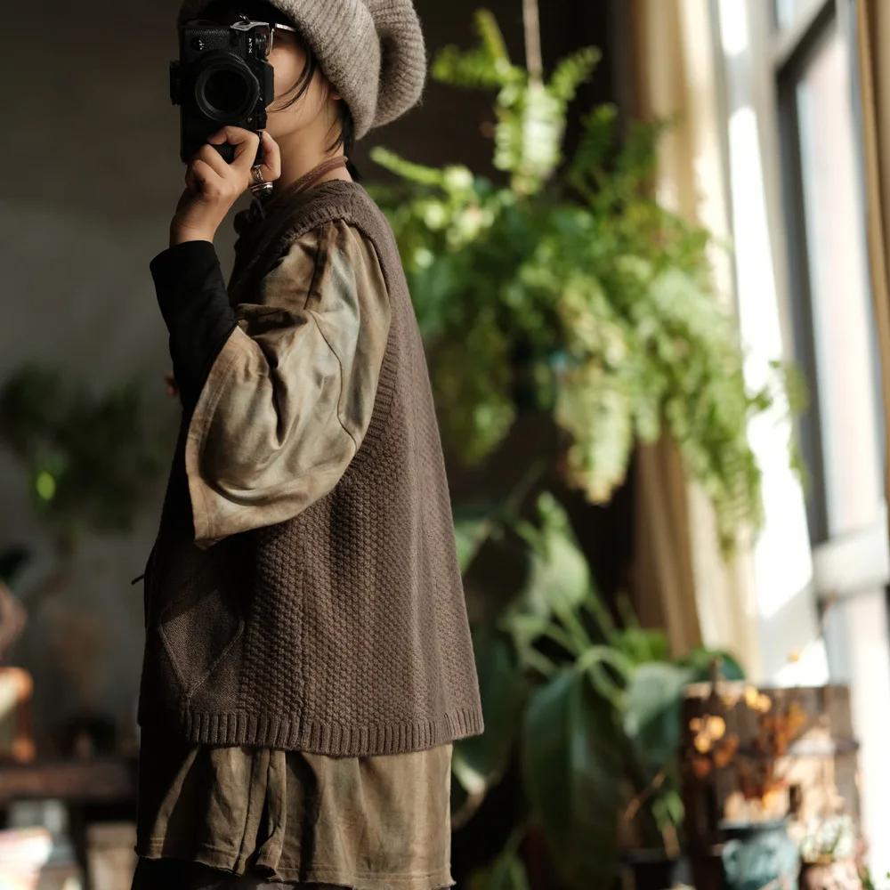 Johnature Dámské pletené jednobarevné knoflíkové jarní bez rukávů kávové měkké vintage svetry kabáty