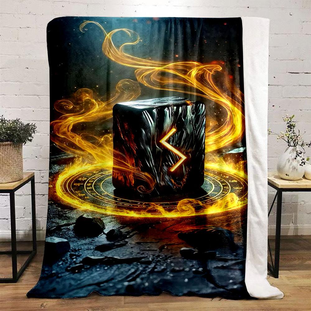 Glowing Runes and Fiery Swirls Encircle a Dark, Textured Cube. for All Seasons Blanket Lunch Break Throw Gift