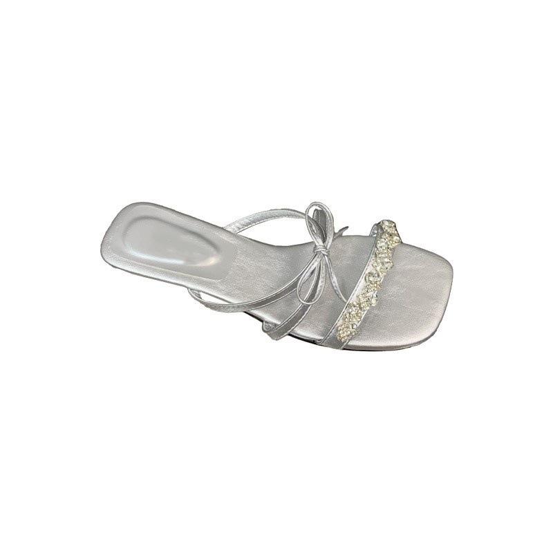 Thin ribbon rhinestone bow one-word drag women's high-end sandals wear new