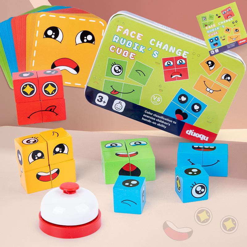 Jeu de Cube Changeant de Visage en Bois: Version Bataille pour Enfants - Défi Parent-Enfant