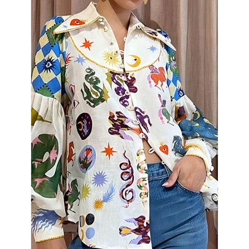 Printed Collar Lantern Long Sleeved Shirt Print Lapel Long Sleeve Shirt Female
