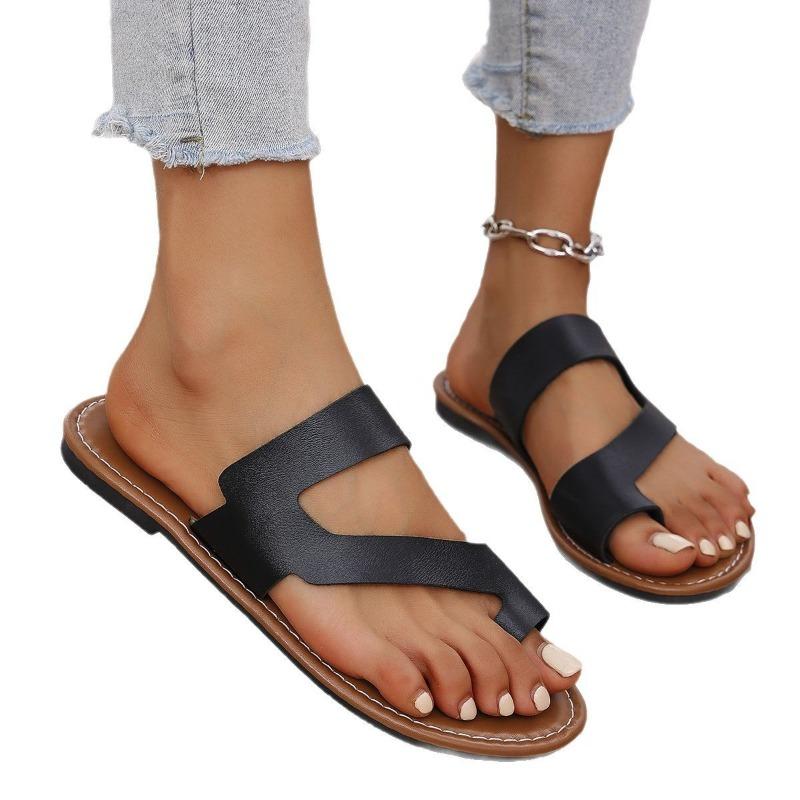 Large size set of toe flat-bottomed slippers for women to wear solid color retro beach cool slippers slippers