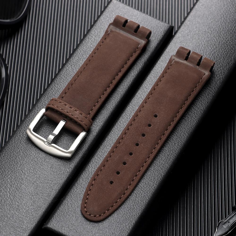 Für Swatch YOS440 449 401 447 Rindsleder Uhrenarmband Schwarz Braun Matt Echtes Leder Armbänder Herren Sport Bambus Geprägt Armband 26x23mm brown
