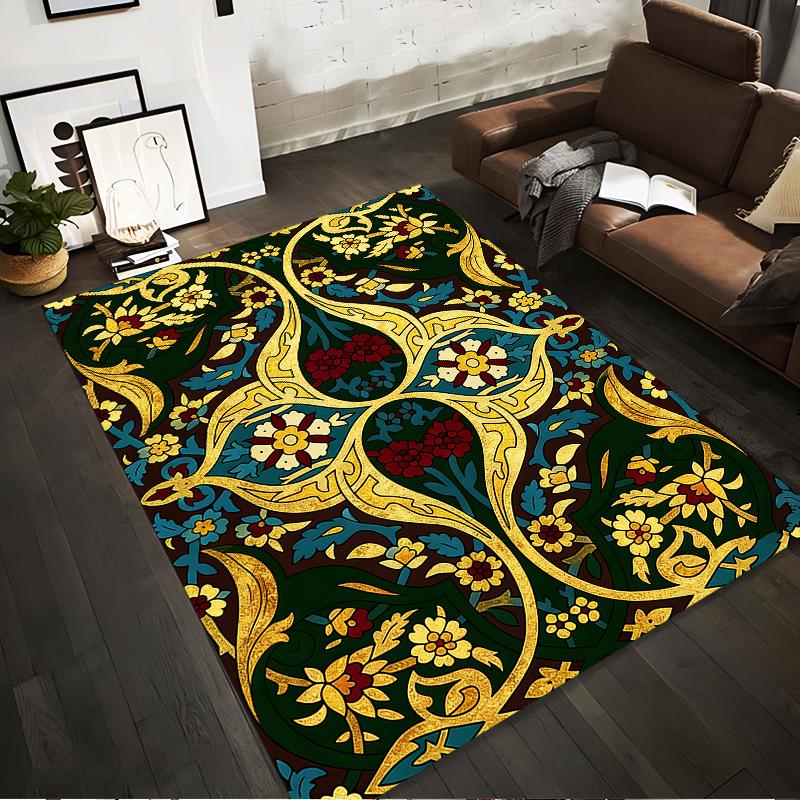 Floral Carpet with Golden Art Nouveau Design, Dark Green Background Suitable for use as an anti-slip for living room bedroom sofas