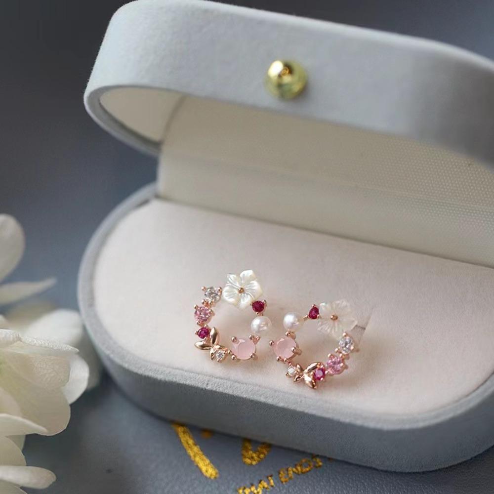 Fashion Exquisite Stereo Flower Butterfly Zircon Pearl Earrings Sweet Personality Garland Stud Earrings for Women Jewellery Gift