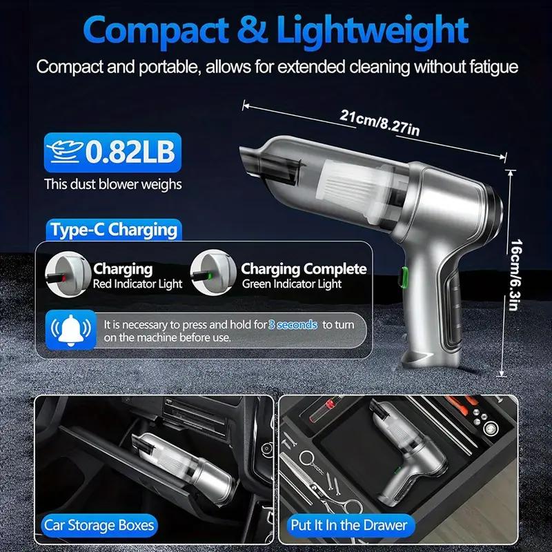 Mini aspirateur de voiture puissant sans fil à batterie au lithium rechargeable - Robot de nettoyage domestique sans fil avec brosse à épousseter, intégration de soufflage et d'aspiration