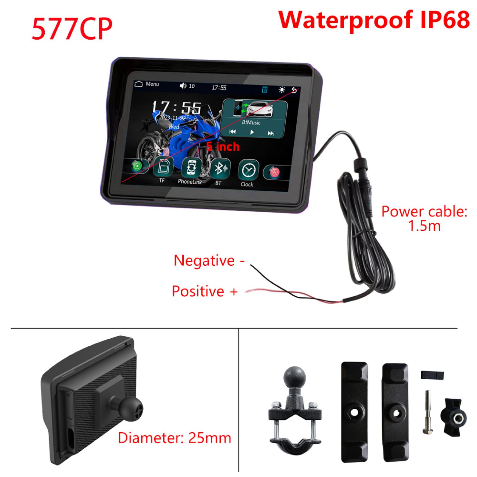 

5-дюймовий мотоцикл CarPlay IP66 Водонепроникний портативний мотоциклетний екран Підтримка бездротового зв’язку CarPlay і Android Auto Bluetooth