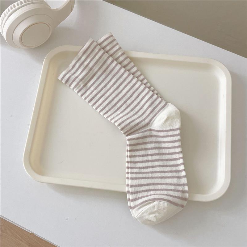 Women's Cream Striped Mid-Calf Socks: Simple, Thin, and Trendy Korean Style for Spring/Summer