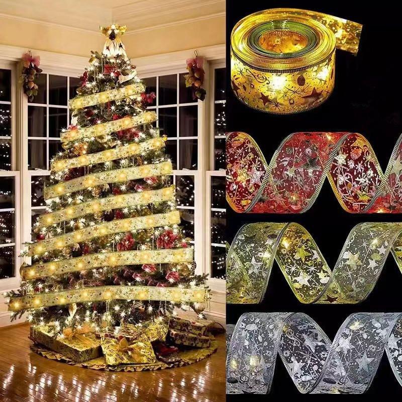 Christmas Decoration LED Ribbon Fairy Lights Christmas Tree Ornaments for Home 2024 DIY Bows Light String Navidad New Year 2025