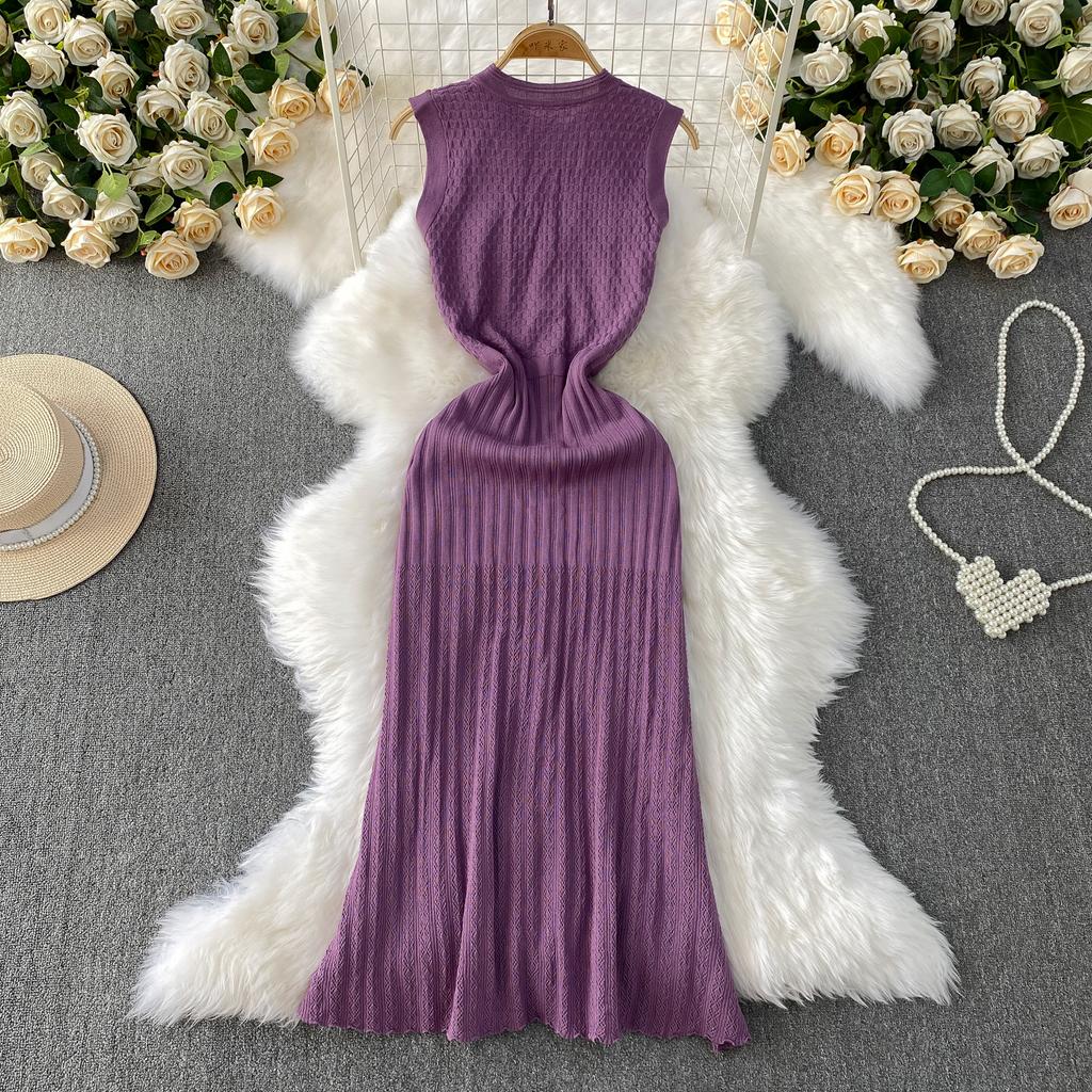 Summer Women O-neck Sleeveless Single Breasted Knitted Mid-calf Slim Tank Sweater Dresses