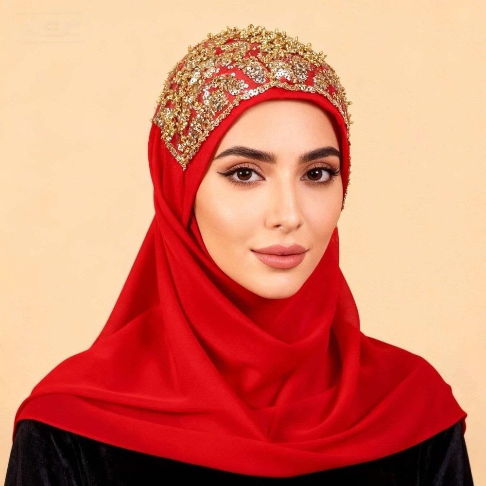 Long Islamic Turban Silk Women Headscarf Fashion Sequin Wraps Shawl Female