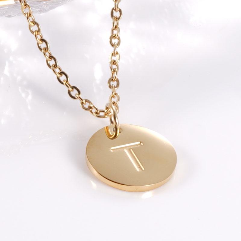 18K Gold Stainless Steel Minimalist Letter Necklace with 26 Round Pendant Options
