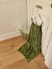 2025 Summer V-Neck Bamboo Swing Camisole Dress - Women's Slimming Spaghetti Strap Faux Silk Satin Long Dress