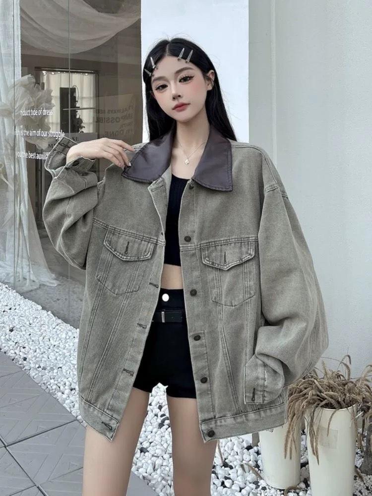 

Женская осенняя джинсовая куртка в стиле ретро 2025 - Высококлассный воротник поло, свободный BF-стиль, длинный рукав Extra Large