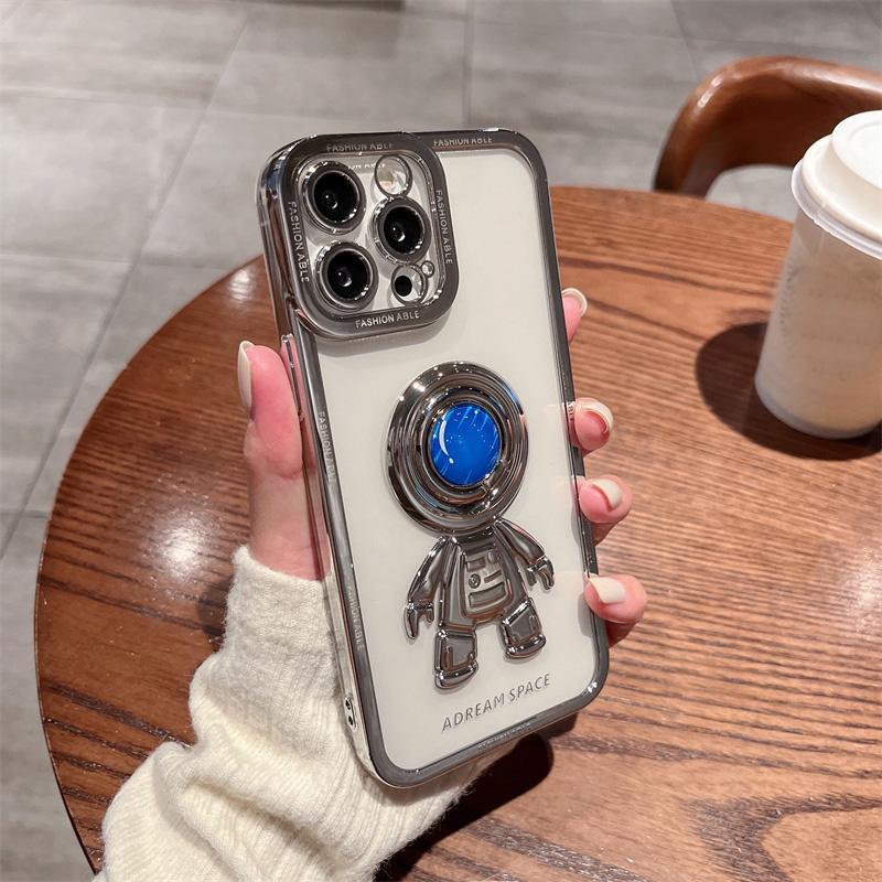 Galvanisierte Astronauten-Ringhalter-Hülle für iPhone 11 12 13 Pro Max X Xr Xs Max Linsenschutz Silikonbeschichtung