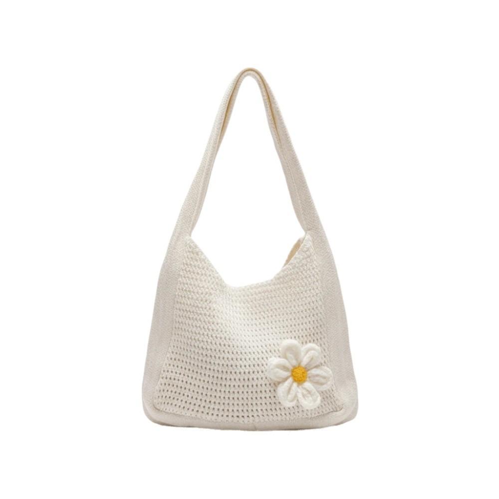 Breathable Knitted Tote Bag with Crochet Flower Seaside Vacation Handbag Crochet Shoulder Bag  Work абрикосовый