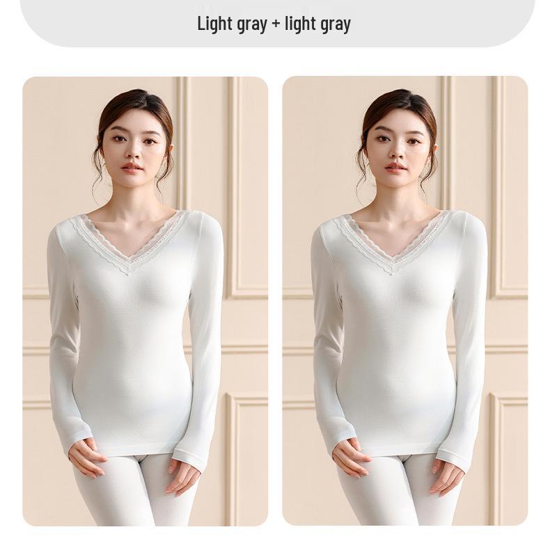 Women's Lace V-Neck Thermal Underwear Set - Slimming, Shaping, Heat-Generating Cotton