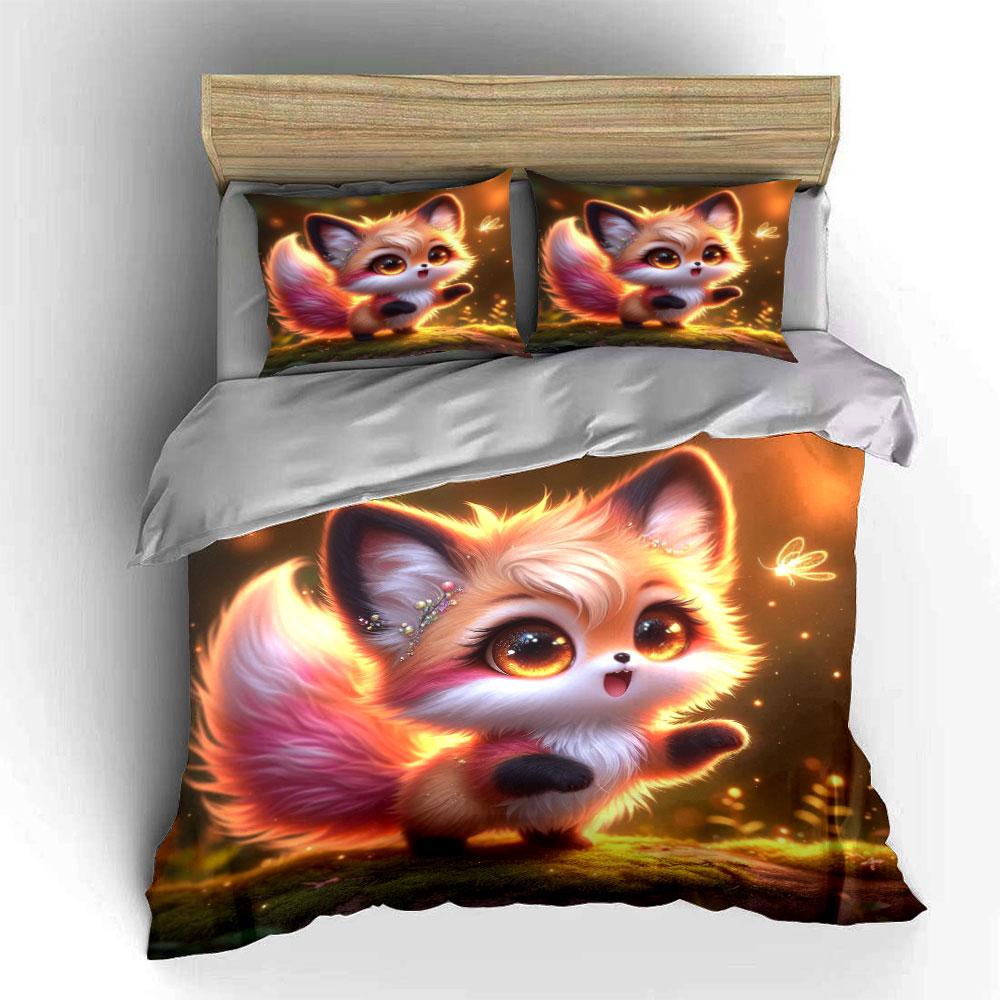3Pcs Fantasy Woodland Cute Little Fox Duvet Cover Set With 3D Printing Design Soft Polyester Bedding Set All-Season Comfort