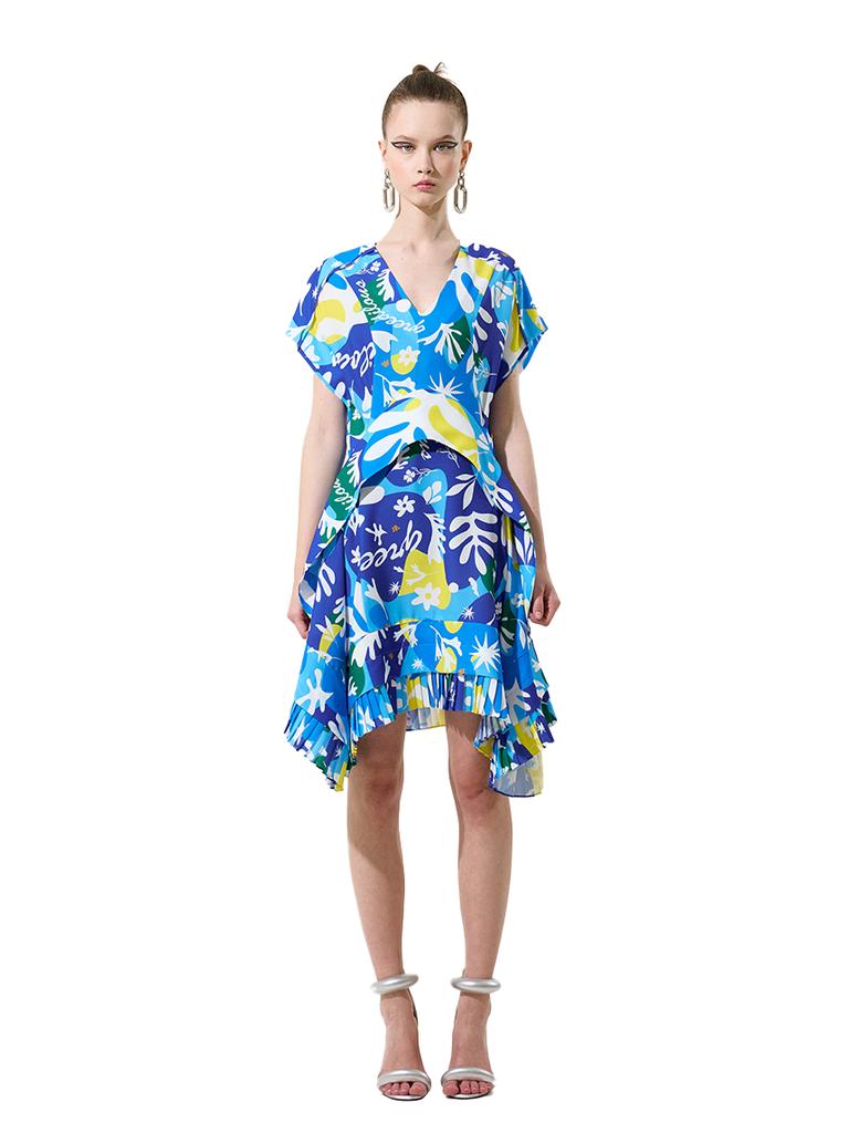 Greedius Blue Cut Out Print Ruffle Dress