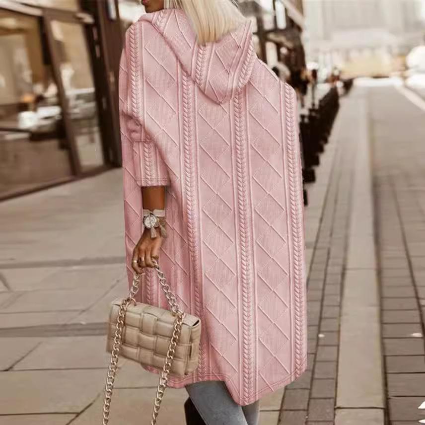 Trench da Donna con Cappuccio a Maglia Intrecciata - Lunghezza Media, Stile Europeo & Americano