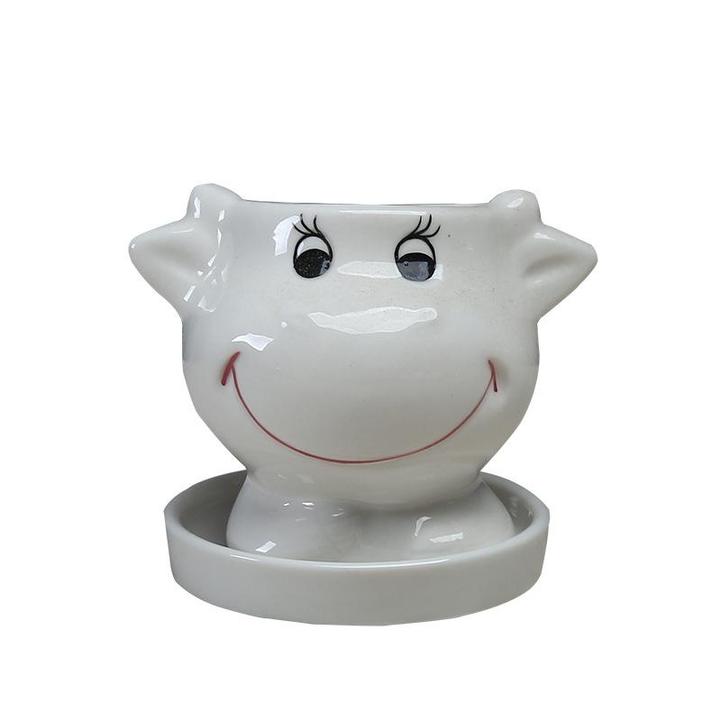Creative Animal Cow Succulent Flower Pot Desktop Cartoon White Ceramic Flower Pot With Tray