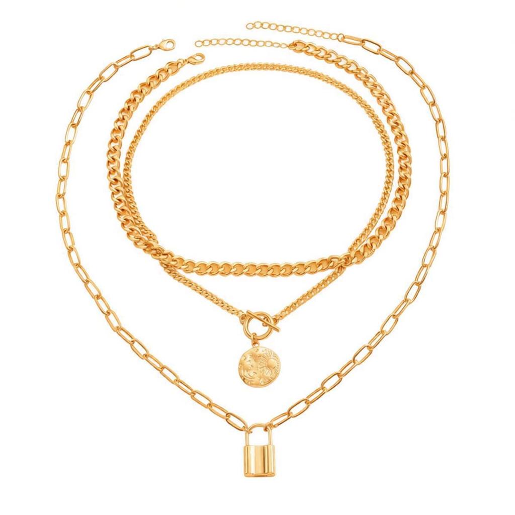 Elegant Embossed OT Buckle Three-Layer Necklace Set for Women