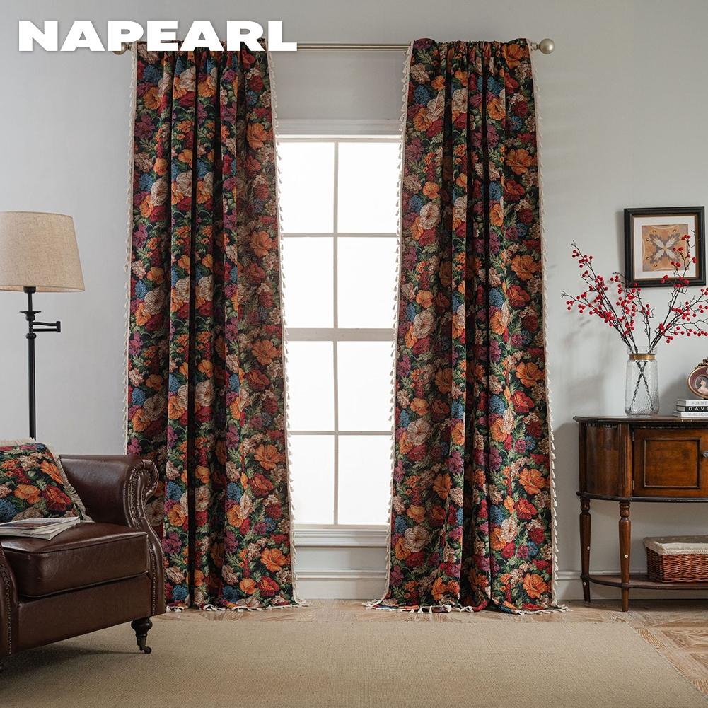 1 ks NAPEARL 40-70% Zatemňovací Retro Venkovský Styl Květinový Vzor Okraj s Třásněmi Závěsy pro Malé Okno Ložnice Obývací Pokoj Balkon Domácí Dekorace