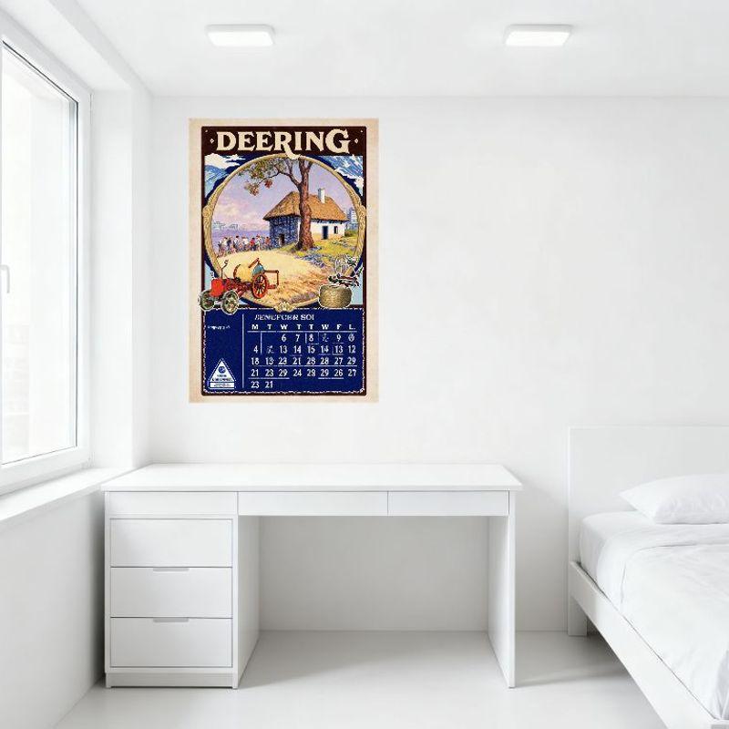 Vintage DEERING Tractor Farm Calendar Tin Sign, Retro 20th Century Agricultural Advertising Metal Poster for Wall Decor, Rustic